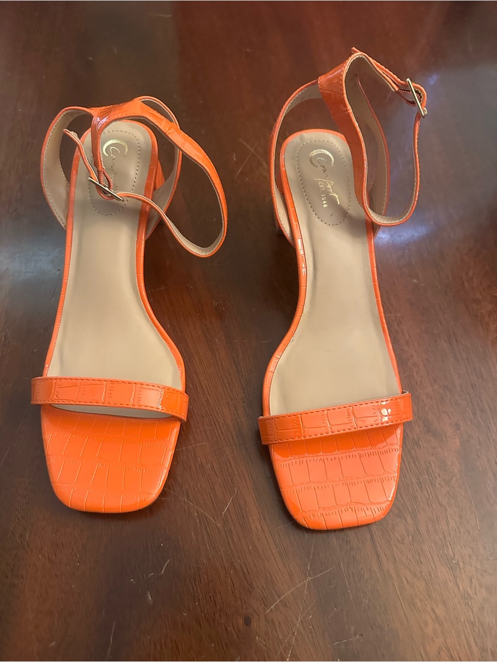 NEW Orange Croc-Embossed Ankle Strap Sandals With Block Heel